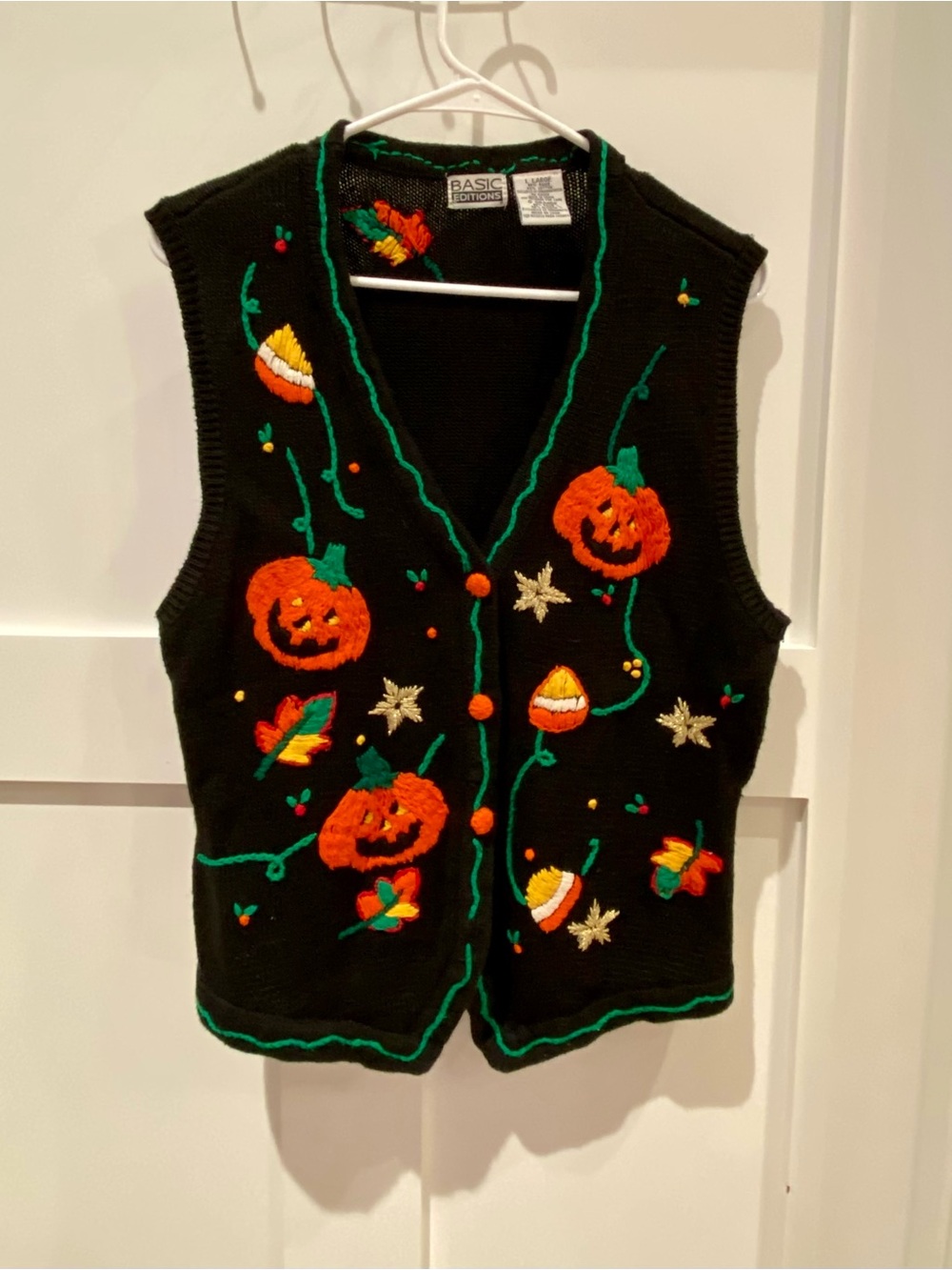 Basic Editions Halloween Pumpkin Embroidered Sweater Vest